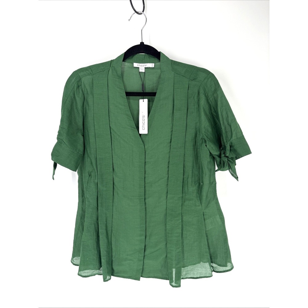 CHICO'S Tie Sleeve Blouse XS Size 00 Green Palm Leaf Cotton Voile & Silk Pleated